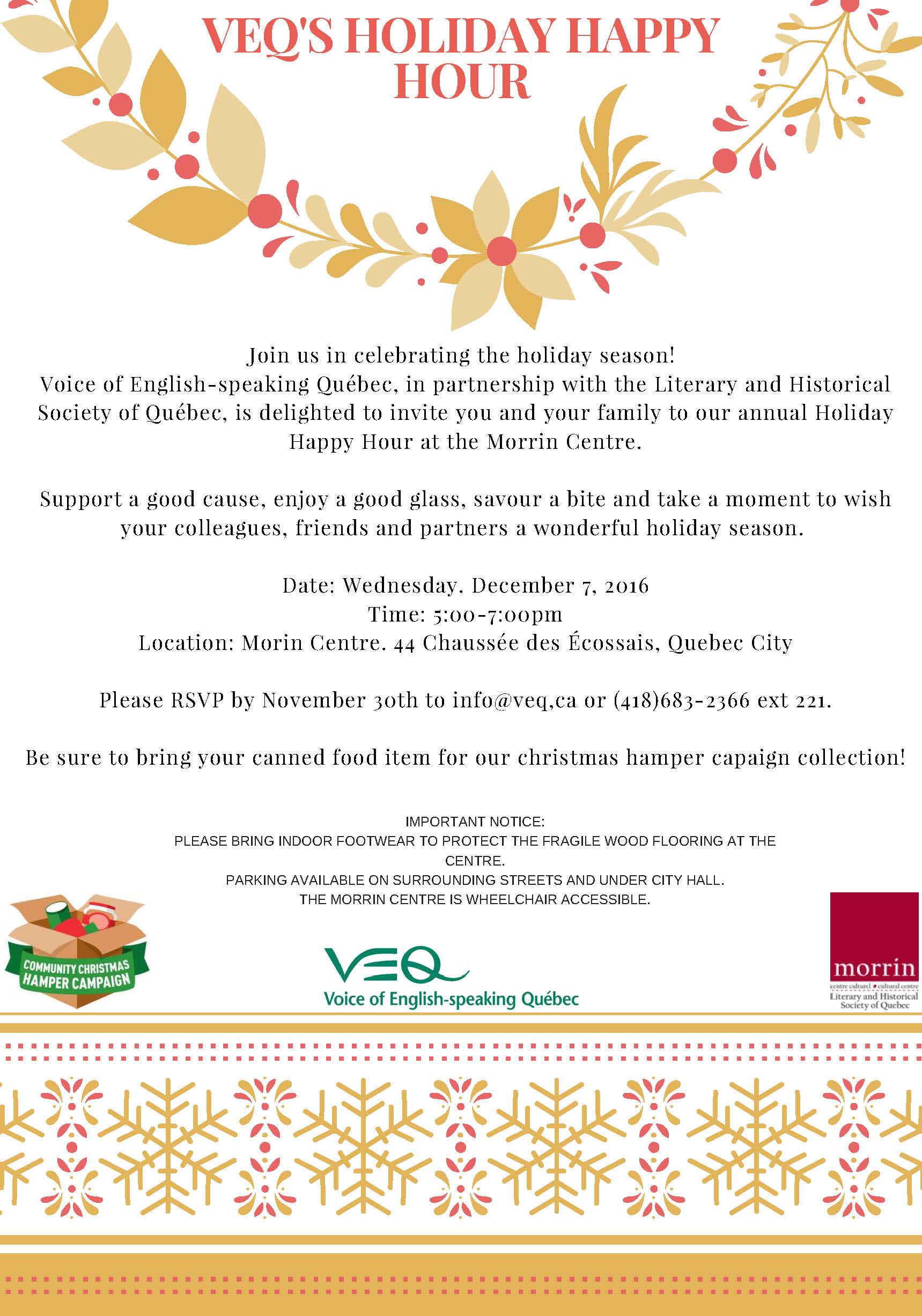 CALLING VOLUNTEERS FOR VEQ’S HOLIDAY HAPPY HOUR @ Morrin Centre