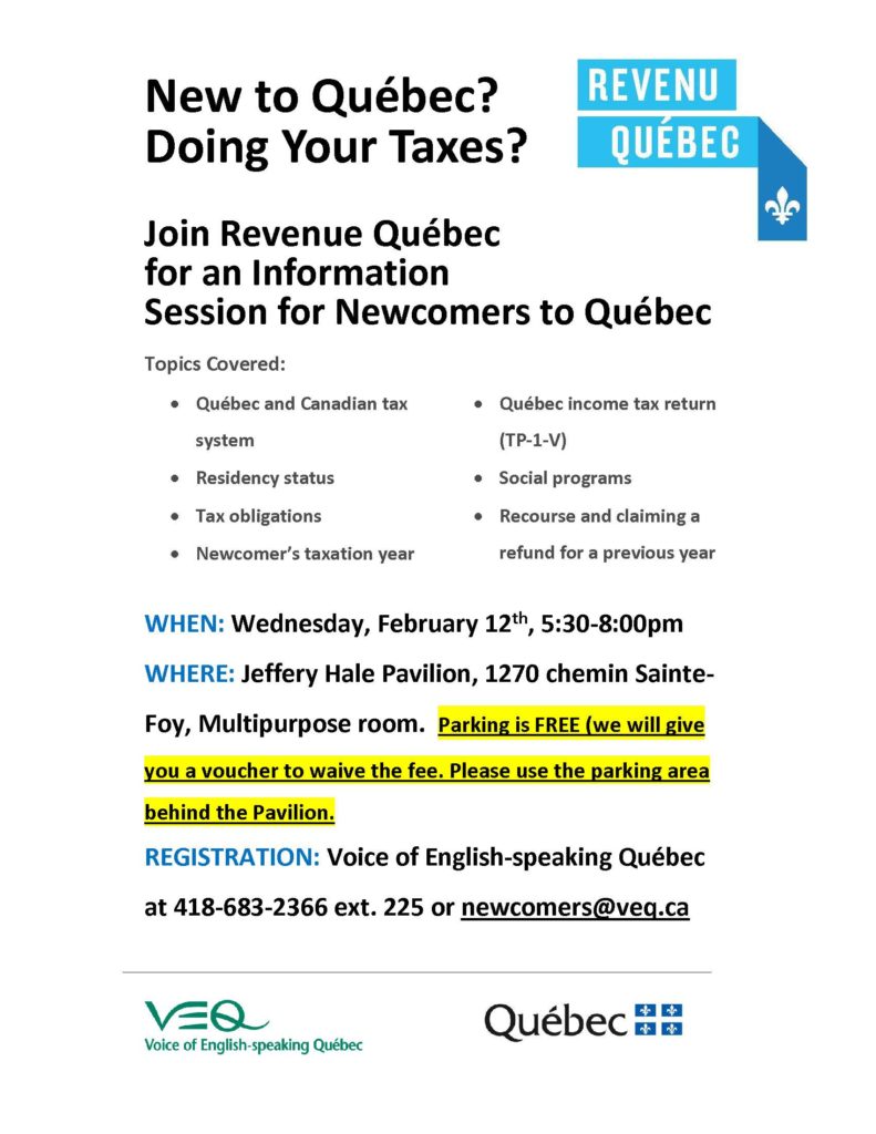 Revenue Québec Information Session @ Multipurpose Room, Jeffery Hale Pavilion