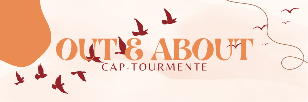 Graphic banner for 'Out & About: Cap-Tourmente' featuring a flock of birds in flight. The text 'Out & About' is prominently displayed in large orange letters with bird silhouettes flying around the letters. Below the title, 'Cap-Tourmente' is written in a smaller red font. The background has soft beige and orange tones with a minimalistic design