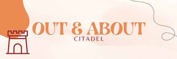 A stylized banner with the title 'Out & About' in large, elegant orange typography, with the word 'Citadel' in smaller, red text below it. On the left side of the banner is a simple red castle tower icon, representing a citadel. The background features soft, flowing shapes in light beige and orange tones, with a thin winding line on the right side, adding a decorative touch